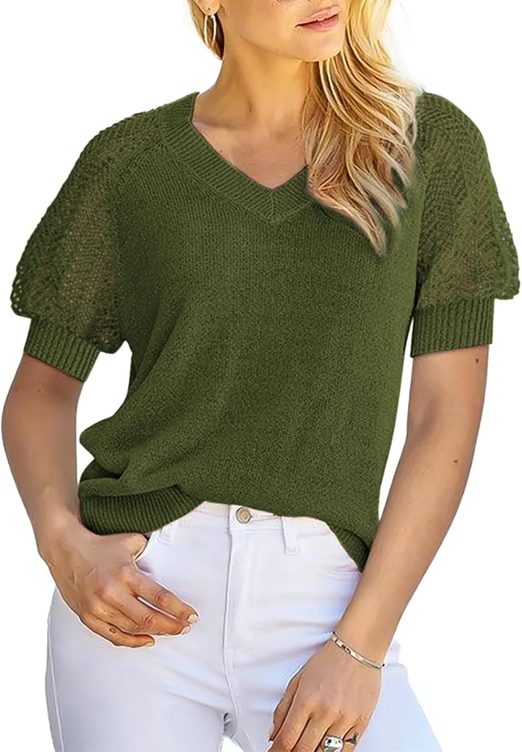 Dokotoo Women's Casual Short Sleeve Loose Crochet Tunic Tops Lightweight Knit Pullover Sweater Blouses