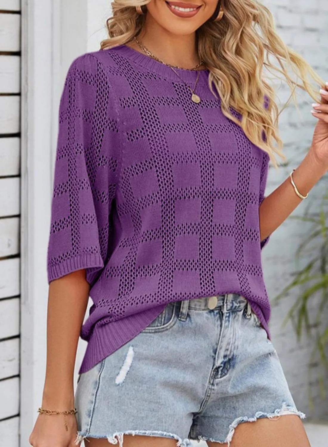 Dokotoo Women's Casual Short Sleeve Loose Tunic Tops Lightweight Crochet Knit Summer Sweaters Blouses