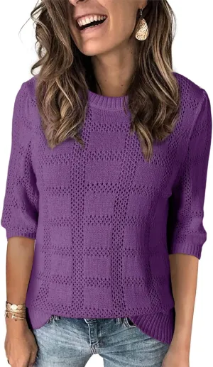 Dokotoo Women's Casual Short Sleeve Loose Tunic Tops Lightweight Crochet Knit Summer Sweaters Blouses