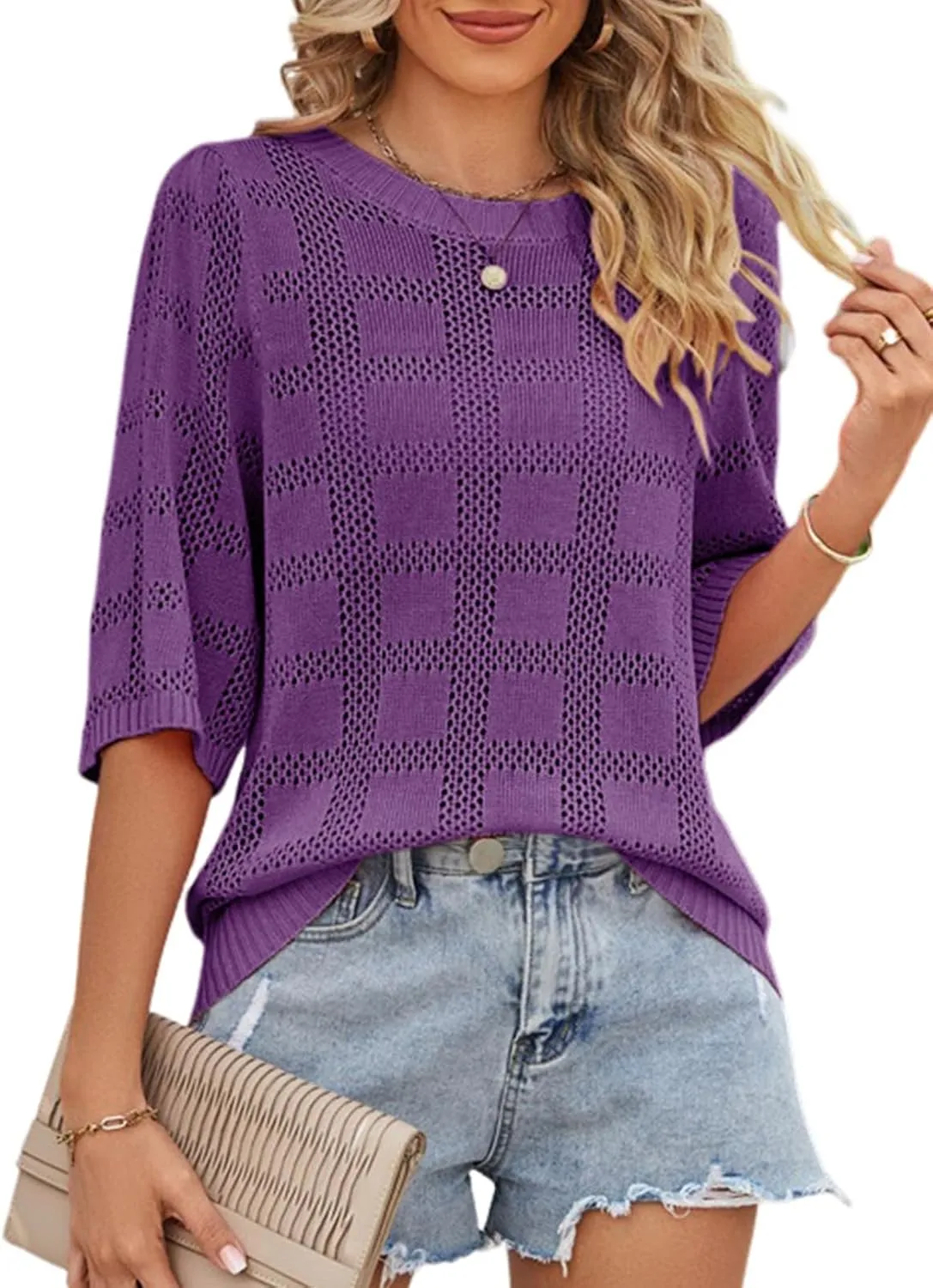 Dokotoo Women's Casual Short Sleeve Loose Tunic Tops Lightweight Crochet Knit Summer Sweaters Blouses