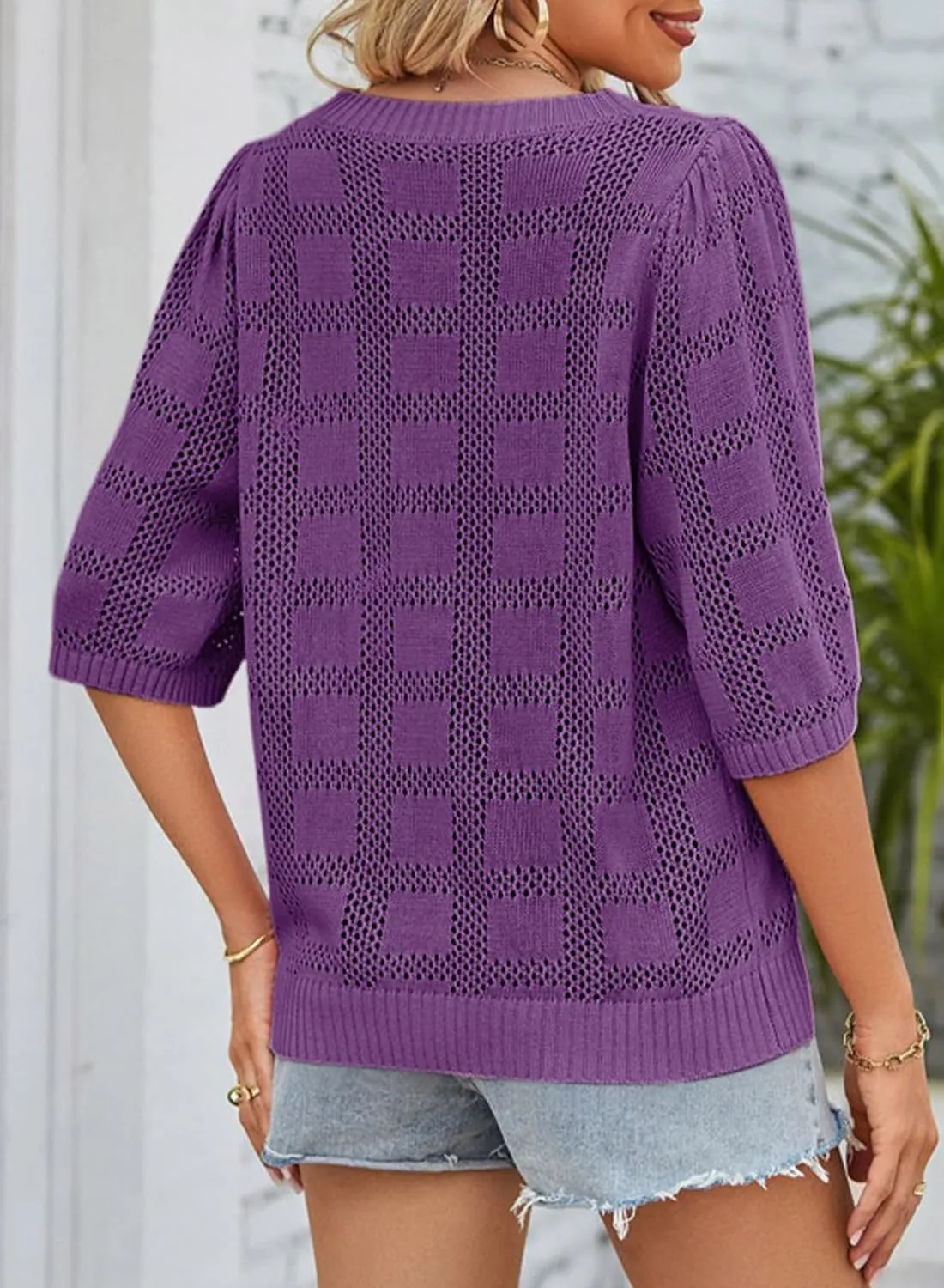 Dokotoo Women's Casual Short Sleeve Loose Tunic Tops Lightweight Crochet Knit Summer Sweaters Blouses