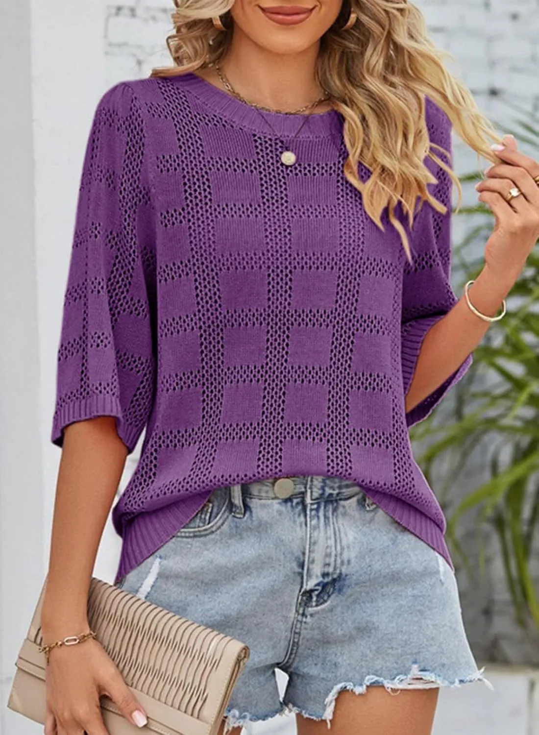 Dokotoo Women's Casual Short Sleeve Loose Tunic Tops Lightweight Crochet Knit Summer Sweaters Blouses
