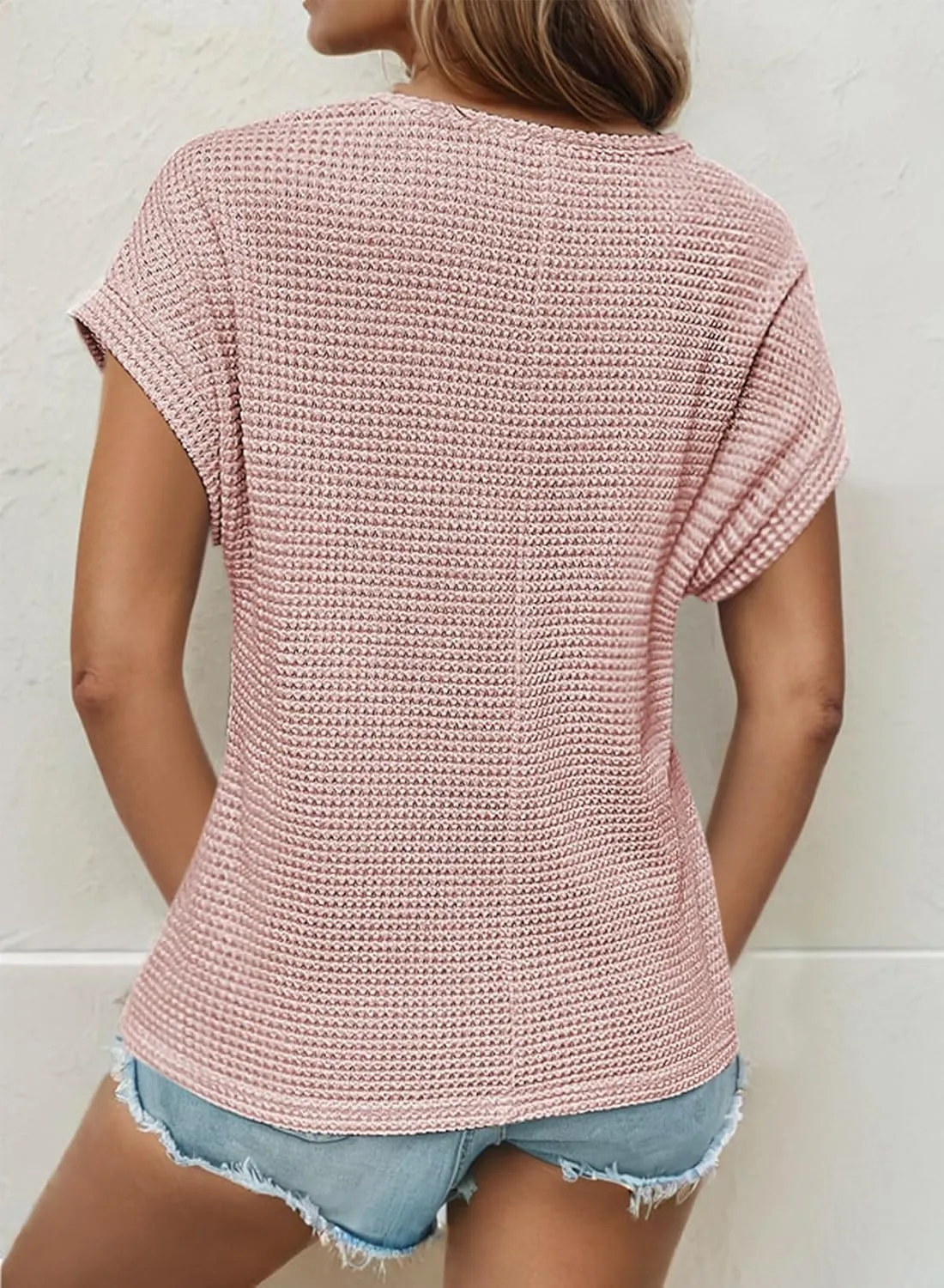 Dokotoo Women's Tops Casual Scoop Neck Short Sleeve Waffle Knit Hollow Out Shirts Loose Tunic Tops Blouses