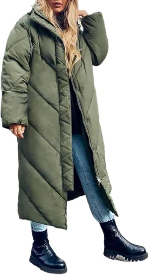 Flygo Womens Long Puffer Coat Long Sleeve Padded Winter Down Coats Hooded Parka Jacket