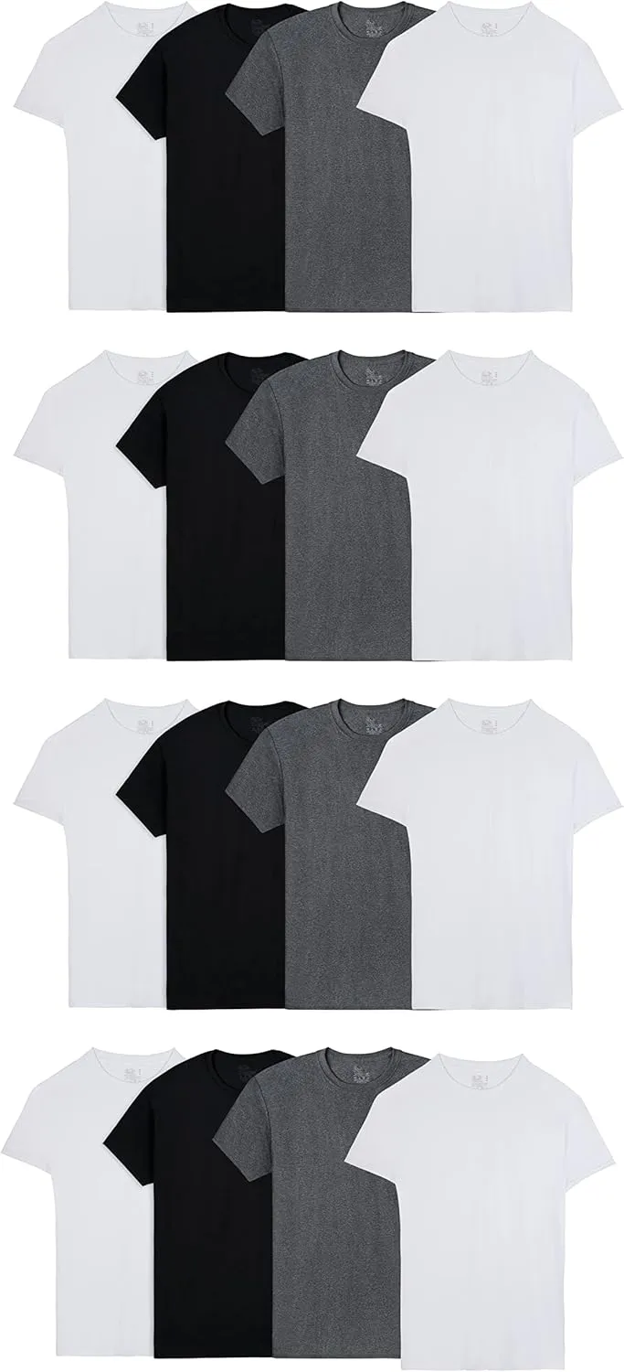 Fruit of the Loom Men's Lightweight Active Cotton Blend Undershirts, Crew - 16 Pack - Black/Grey/White, Large