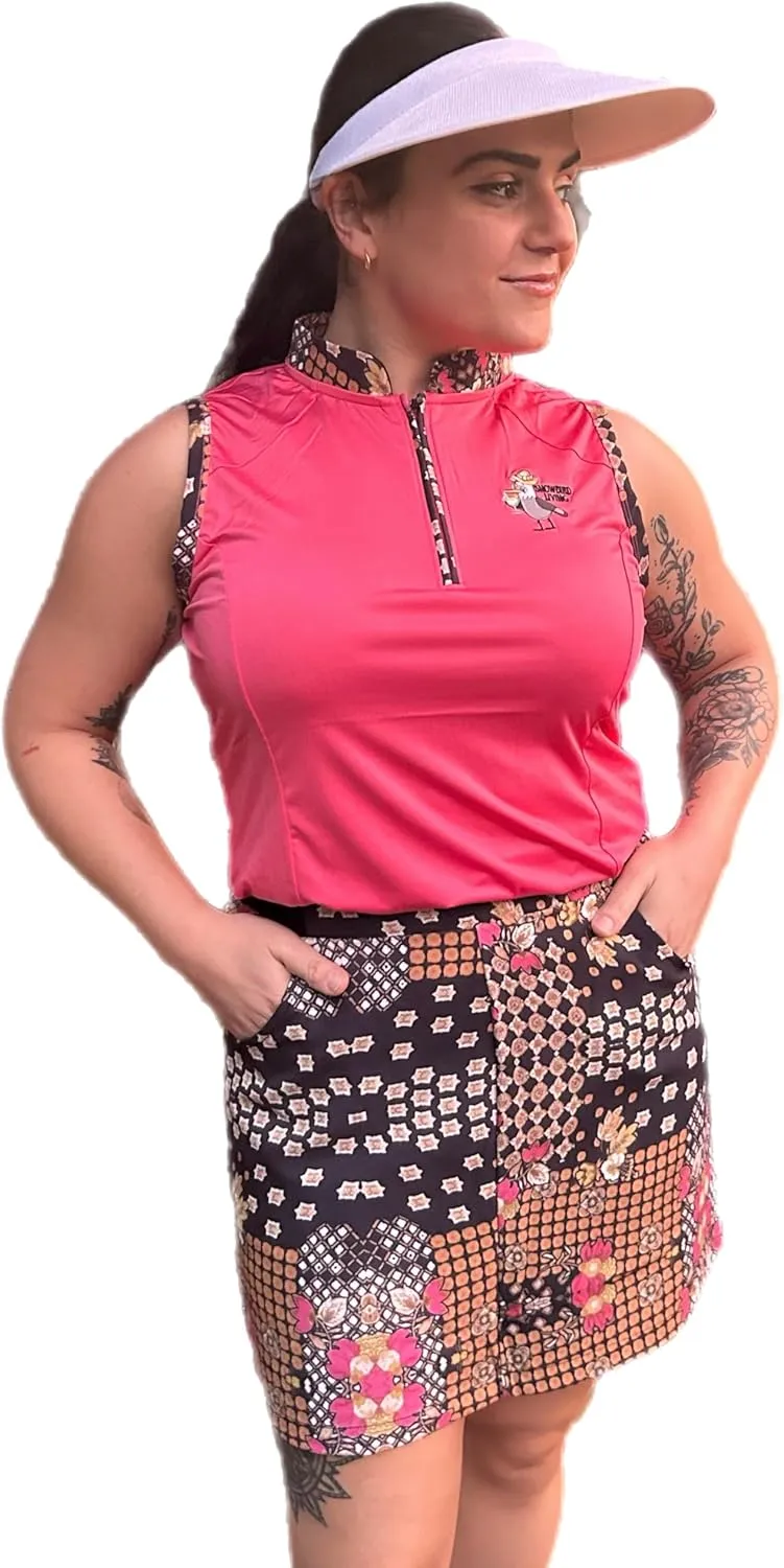 Golf Bottom for Women - Coral Skort - Coral Black Brown Unique Pattern Mix and Match