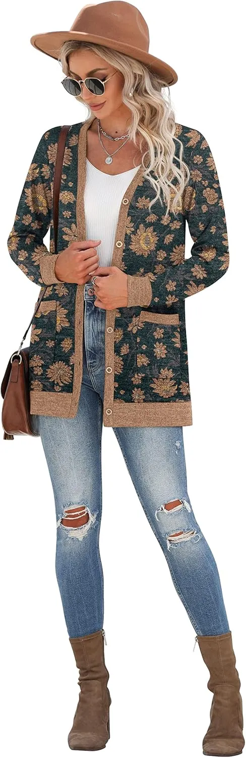 GRECERELLE Women's Long Sleeve Open Front Cardigan Button Down Ribbed Lightweight Knit Outerwear with Pocket