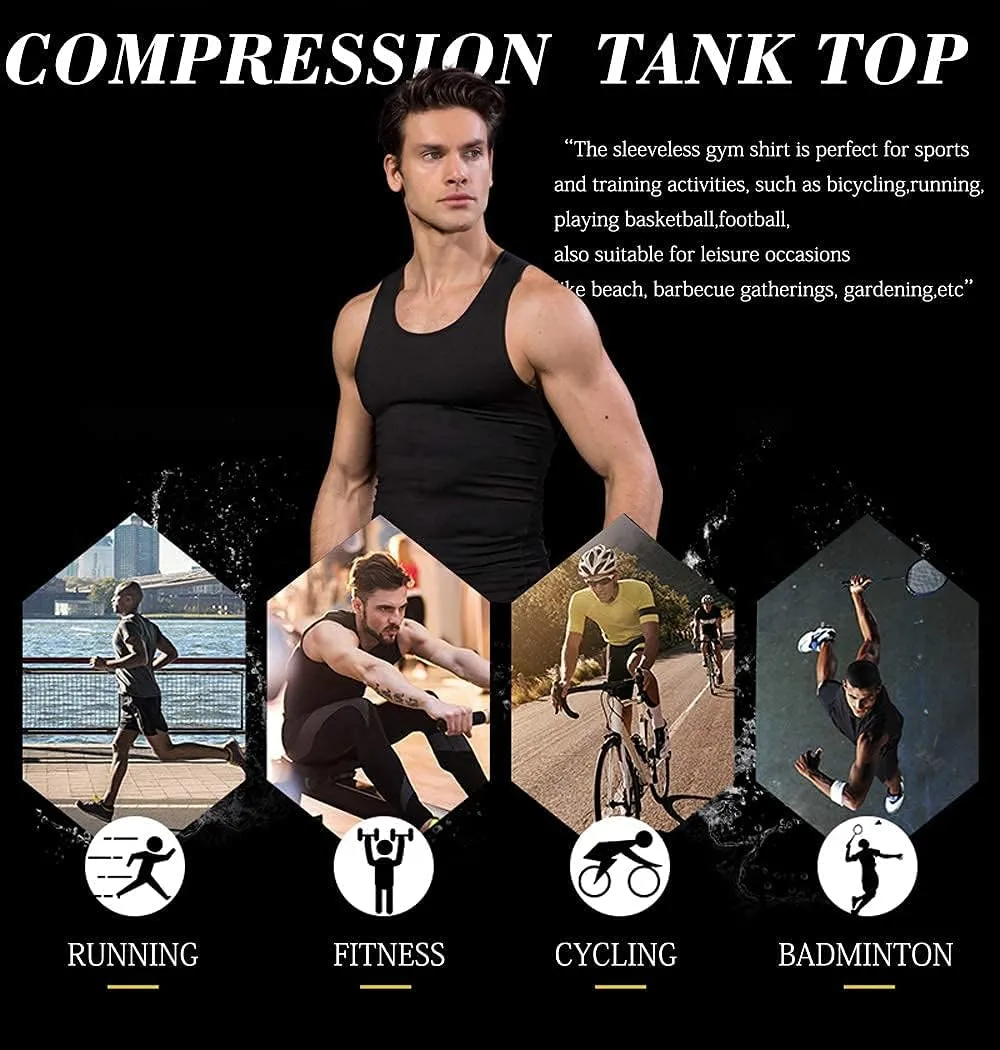 HIBETY Men's 3 or 5 Pack Sleeveless Compression Tank Top, Base Layer Cool Dry Compression Shirts Muscle Gym Tank Tops