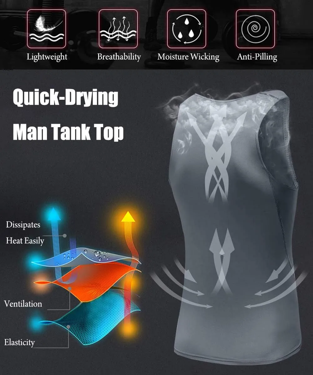 HIBETY Men's 3 or 5 Pack Sleeveless Compression Tank Top, Base Layer Cool Dry Compression Shirts Muscle Gym Tank Tops