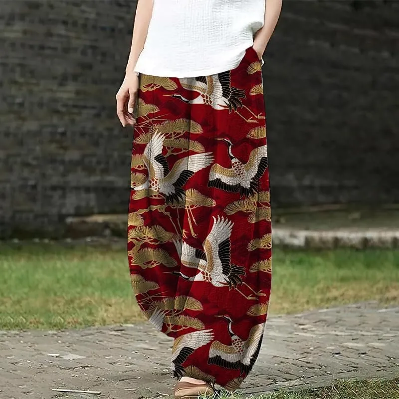HOTYD Japanese Artist Pattern Wige Leg Pants for Women Summer Baggy Womens Linen Pants Cropped Trouser with Pockets
