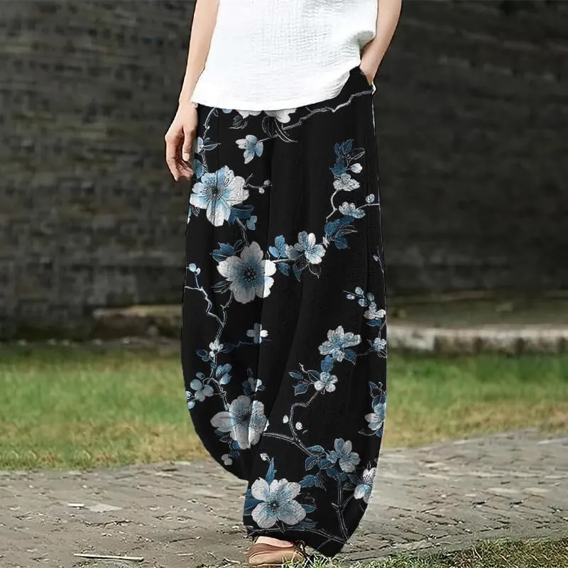 HOTYD Japanese Artist Pattern Wige Leg Pants for Women Summer Baggy Womens Linen Pants Cropped Trouser with Pockets