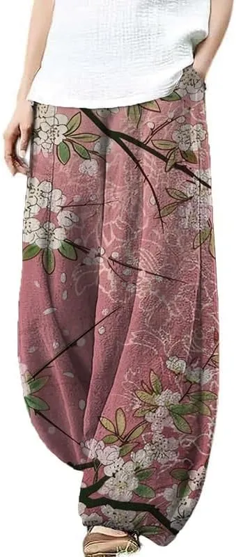 HOTYD Japanese Artist Pattern Wige Leg Pants for Women Summer Baggy Womens Linen Pants Cropped Trouser with Pockets
