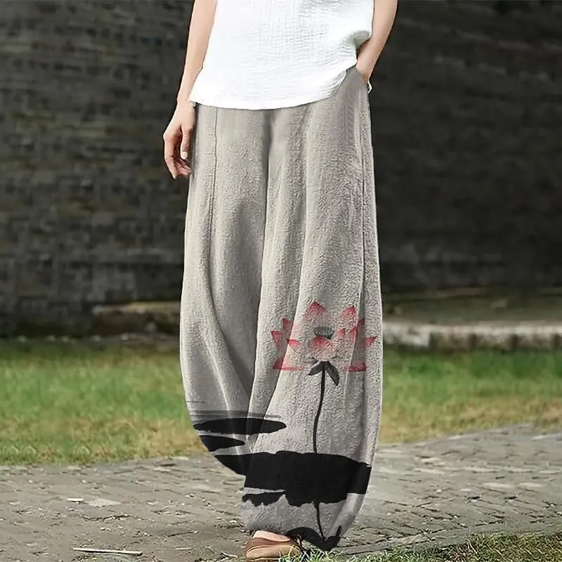 HOTYD Japanese Artist Pattern Wige Leg Pants for Women Summer Baggy Womens Linen Pants Cropped Trouser with Pockets