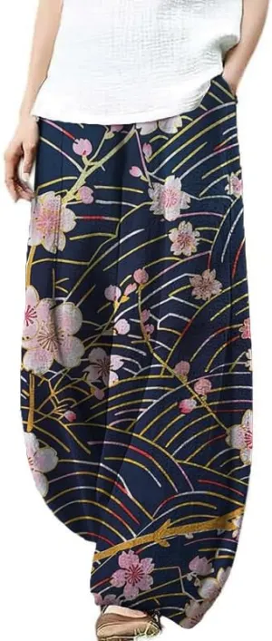 HOTYD Japanese Artist Pattern Wige Leg Pants for Women Summer Baggy Womens Linen Pants Cropped Trouser with Pockets