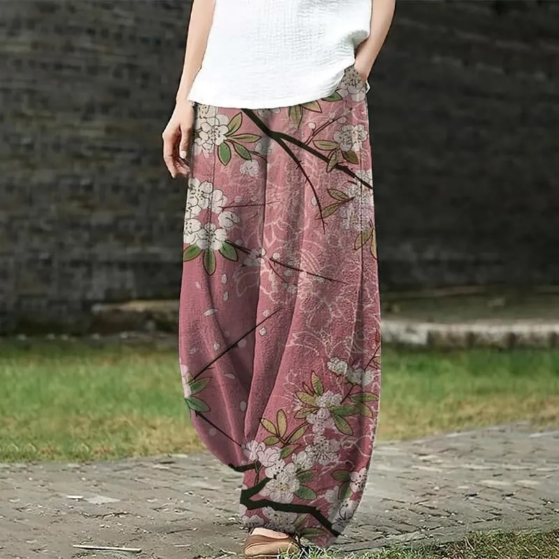 HOTYD Japanese Artist Pattern Wige Leg Pants for Women Summer Baggy Womens Linen Pants Cropped Trouser with Pockets