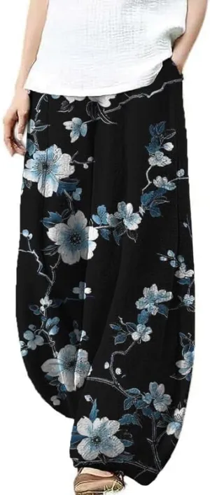 HOTYD Japanese Artist Pattern Wige Leg Pants for Women Summer Baggy Womens Linen Pants Cropped Trouser with Pockets