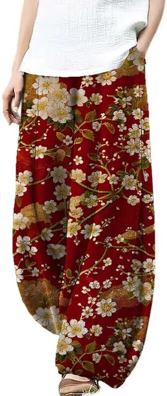 HOTYD Japanese Artist Pattern Wige Leg Pants for Women Summer Baggy Womens Linen Pants Cropped Trouser with Pockets