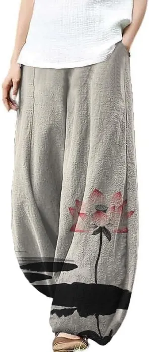 HOTYD Japanese Artist Pattern Wige Leg Pants for Women Summer Baggy Womens Linen Pants Cropped Trouser with Pockets