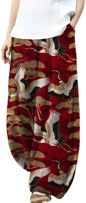 HOTYD Japanese Artist Pattern Wige Leg Pants for Women Summer Baggy Womens Linen Pants Cropped Trouser with Pockets