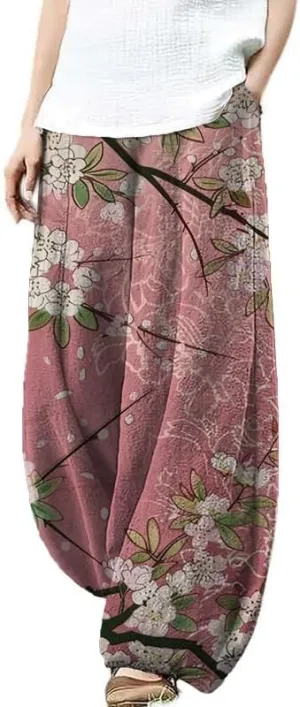 HOTYD Japanese Artist Pattern Wige Leg Pants for Women Summer Baggy Womens Linen Pants Cropped Trouser with Pockets
