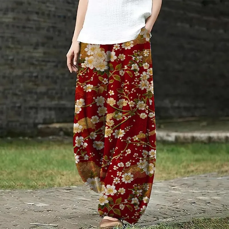 HOTYD Japanese Artist Pattern Wige Leg Pants for Women Summer Baggy Womens Linen Pants Cropped Trouser with Pockets