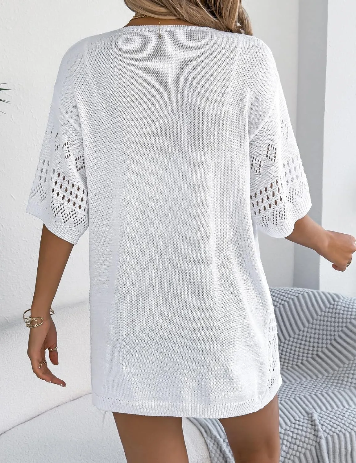 IDEALSANXUN Crochet Cardigans for Women Summer Casual Lightweight Short Sleeve Cardigan Sweaters Knit Tops