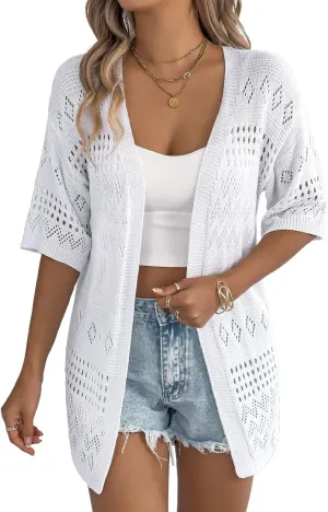 IDEALSANXUN Crochet Cardigans for Women Summer Casual Lightweight Short Sleeve Cardigan Sweaters Knit Tops