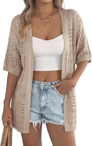IDEALSANXUN Crochet Cardigans for Women Summer Casual Lightweight Short Sleeve Cardigan Sweaters Knit Tops