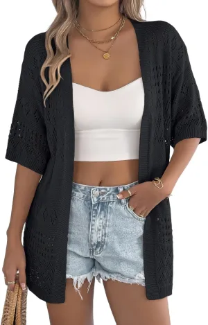 IDEALSANXUN Crochet Cardigans for Women Summer Casual Lightweight Short Sleeve Cardigan Sweaters Knit Tops