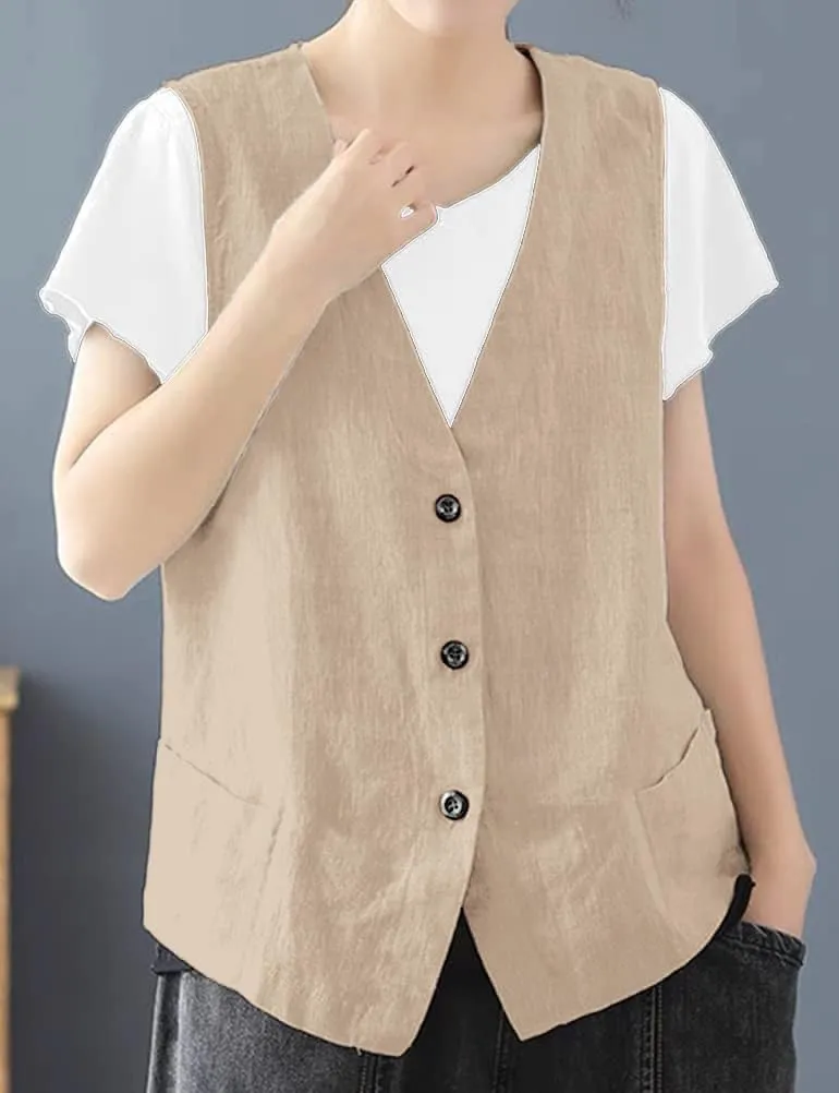 IDEALSANXUN Womens Cotton Linen Vest Casual Sleeveless Blazer Cardigans Lightweight Jacket Waistcoat