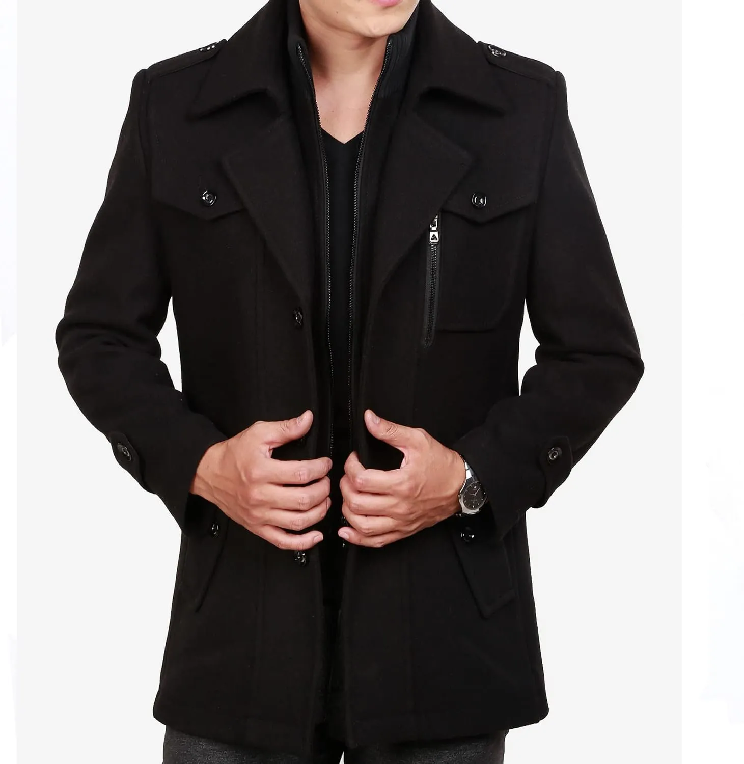 INVACHI Men's Wool Blend Coat Warm Winter Trench Coat with Detachable Soft Scarf Single Breasted Pea Coat