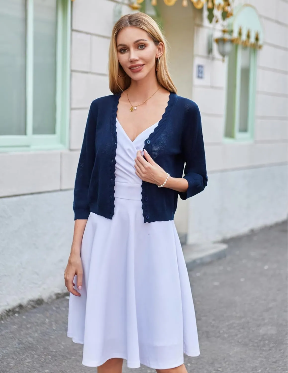 Kate Kasin Women's 2025 Cropped Cardigan Sweaters Trendy Lightweight 3/4 Sleeve Button Down Crochet Textured Shrugs Top