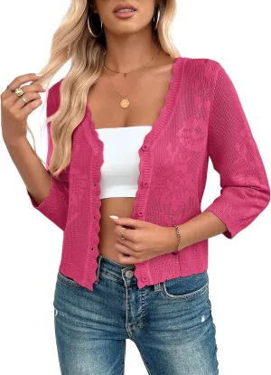 Kate Kasin Women's 2025 Cropped Cardigan Sweaters Trendy Lightweight 3/4 Sleeve Button Down Crochet Textured Shrugs Top
