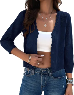 Kate Kasin Women's 2025 Cropped Cardigan Sweaters Trendy Lightweight 3/4 Sleeve Button Down Crochet Textured Shrugs Top