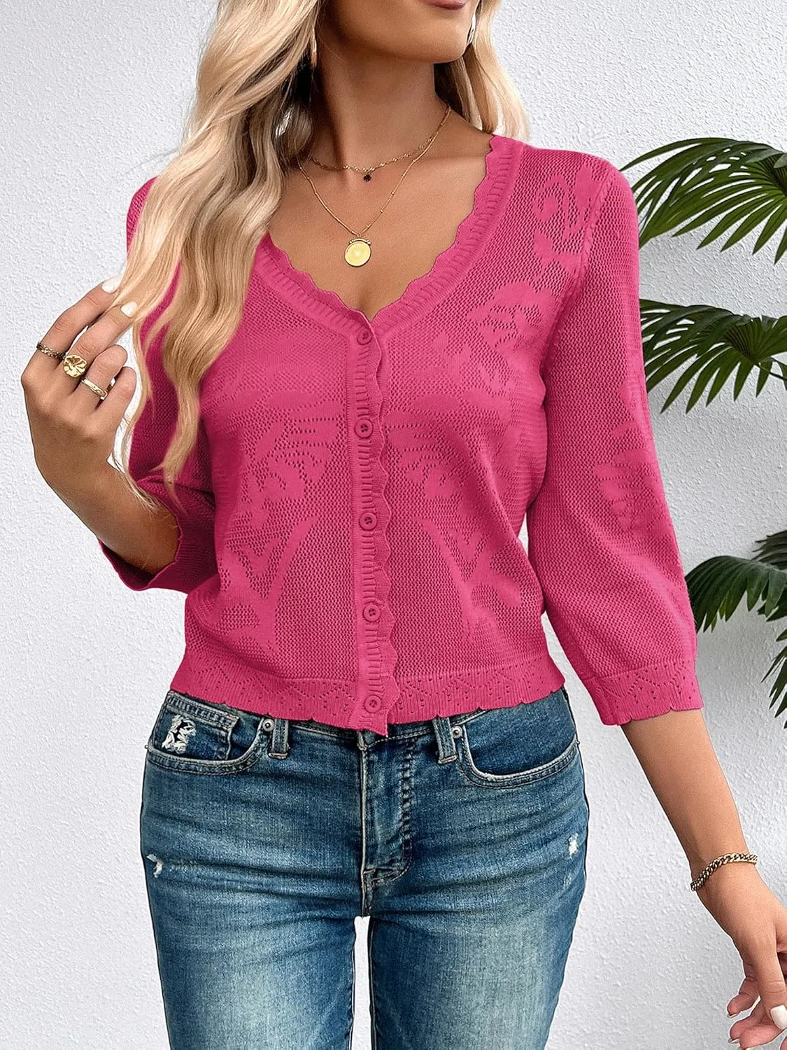 Kate Kasin Women's 2025 Cropped Cardigan Sweaters Trendy Lightweight 3/4 Sleeve Button Down Crochet Textured Shrugs Top