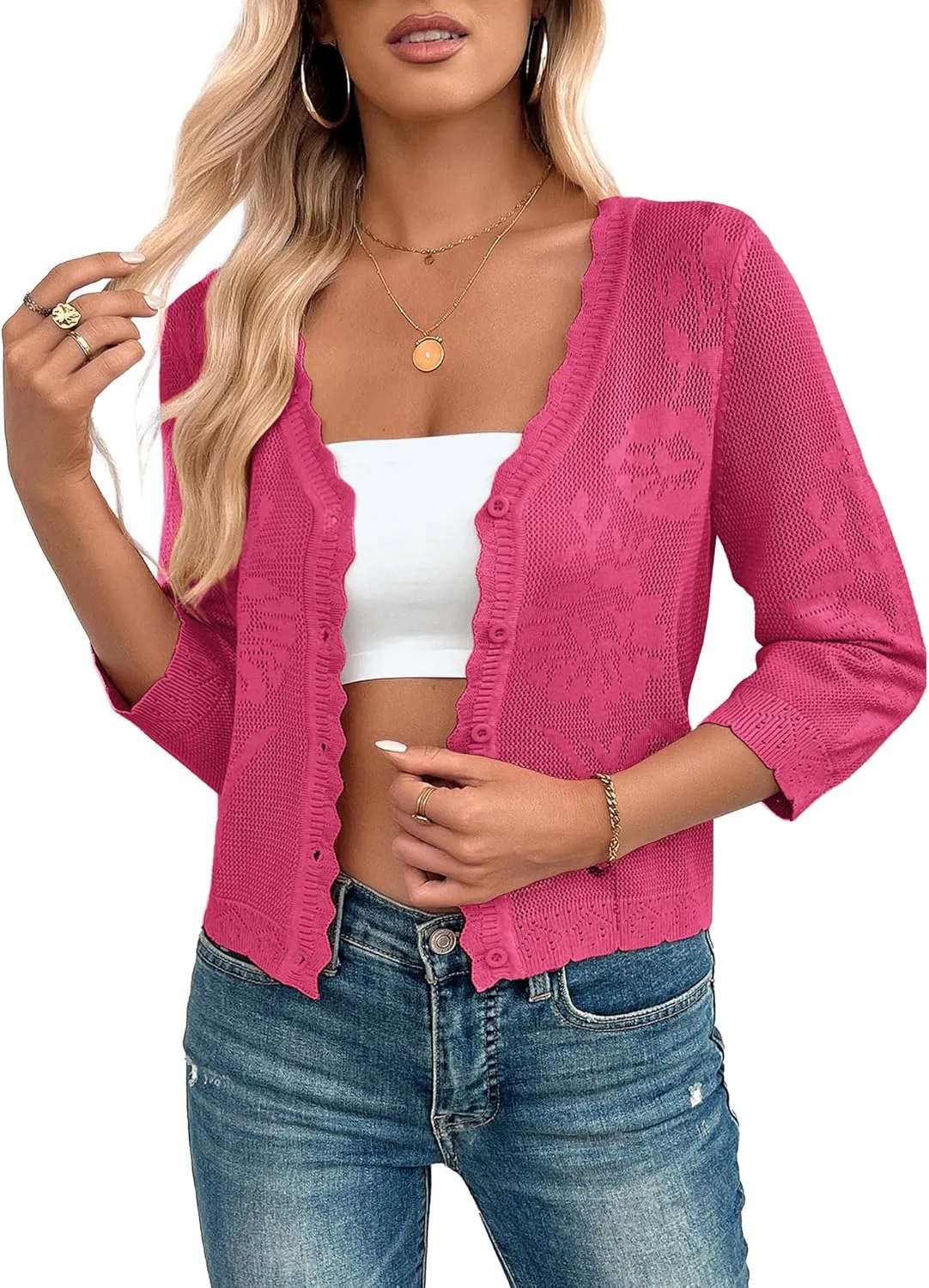 Kate Kasin Women's 2025 Cropped Cardigan Sweaters Trendy Lightweight 3/4 Sleeve Button Down Crochet Textured Shrugs Top