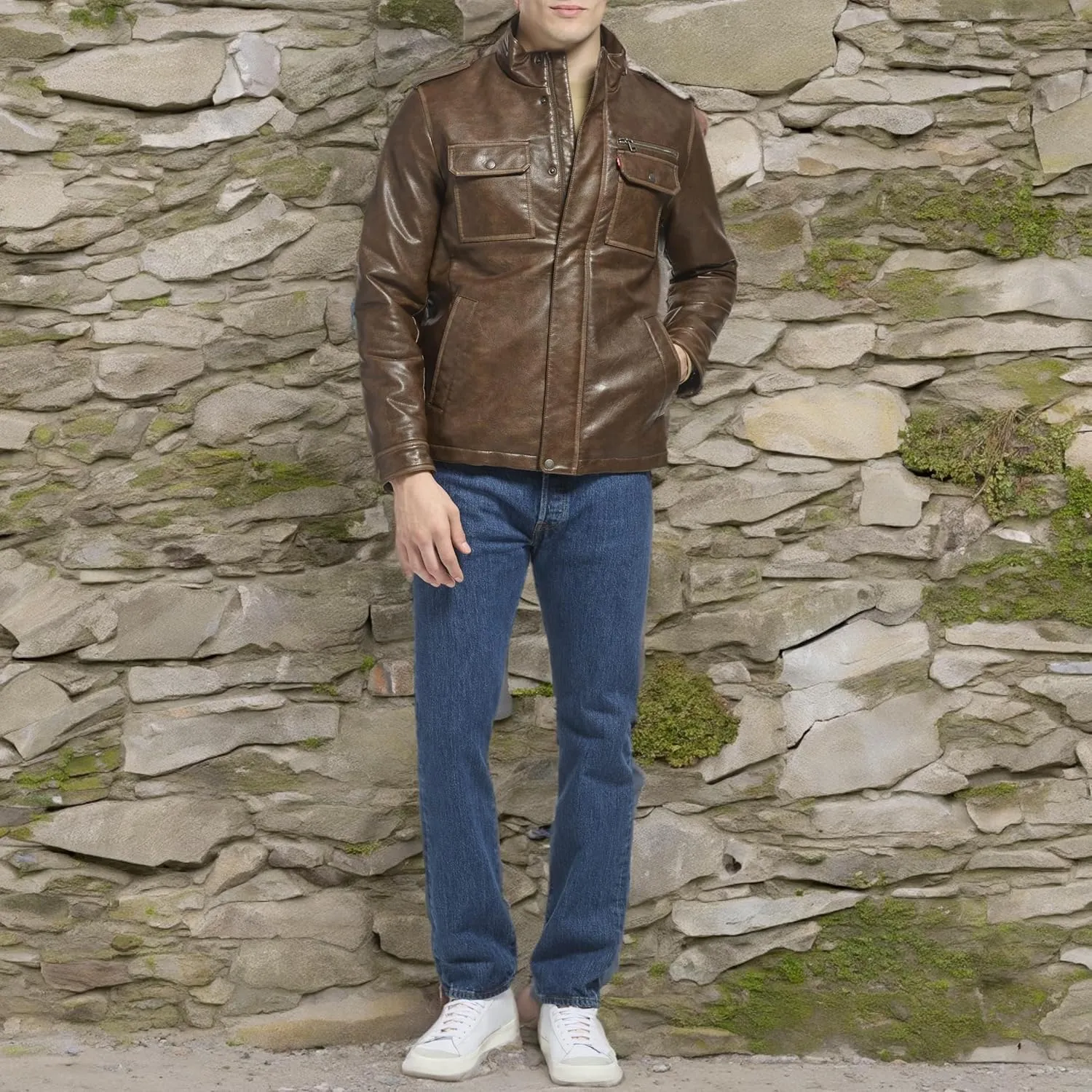 Levi's Mens Vintage Deer Faux Leather Sherpa Military Jacket Big & Tall