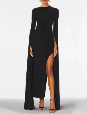 Luolandi Sheath Black Dress Plus Size Evening Gown Open Back Dress Formal Wedding Guest Floor Length Long Sleeve Jewel Neck Capes Stretch Chiffon