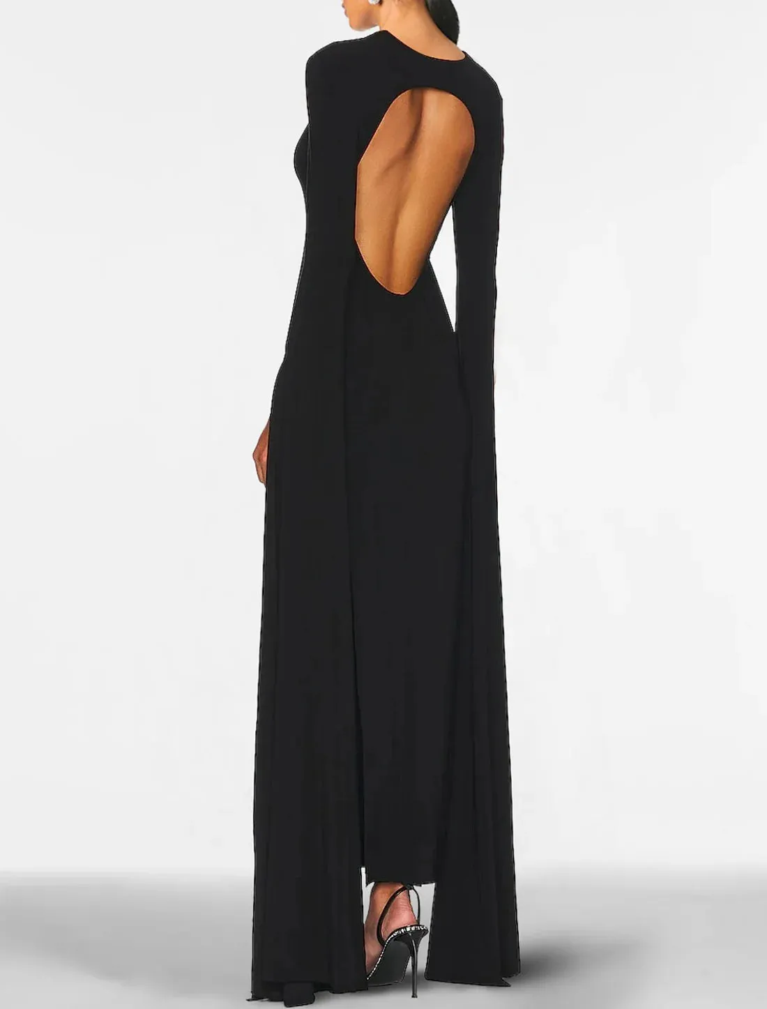 Luolandi Sheath Black Dress Plus Size Evening Gown Open Back Dress Formal Wedding Guest Floor Length Long Sleeve Jewel Neck Capes Stretch Chiffon