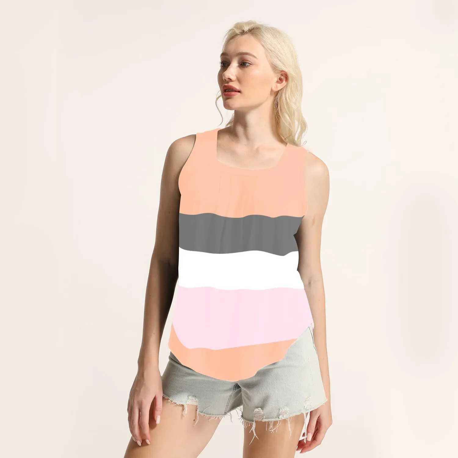 MAIHUN Womens Pleated Square Neck Tank Tops Summer Loose Fit Sleeveless Solid Color Vest