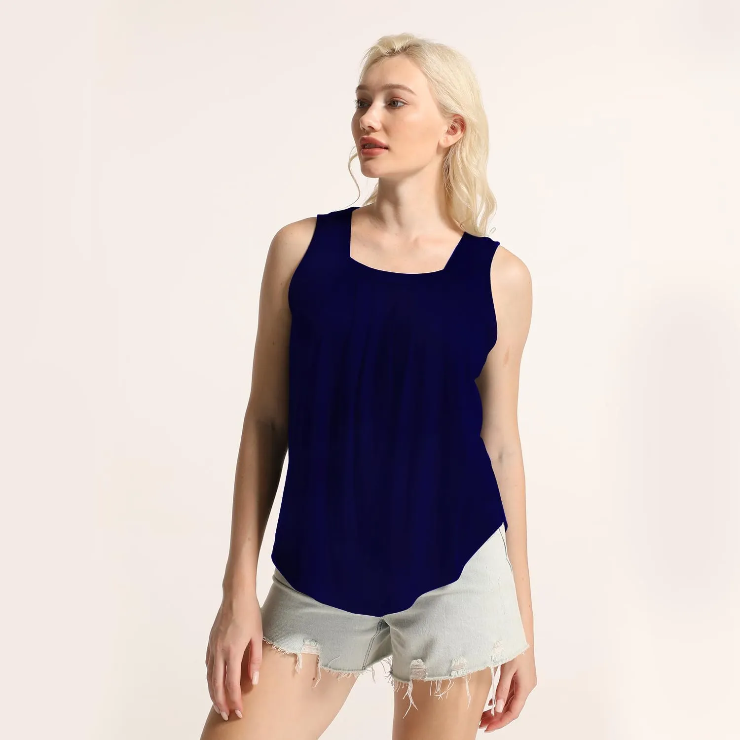 MAIHUN Womens Pleated Square Neck Tank Tops Summer Loose Fit Sleeveless Solid Color Vest