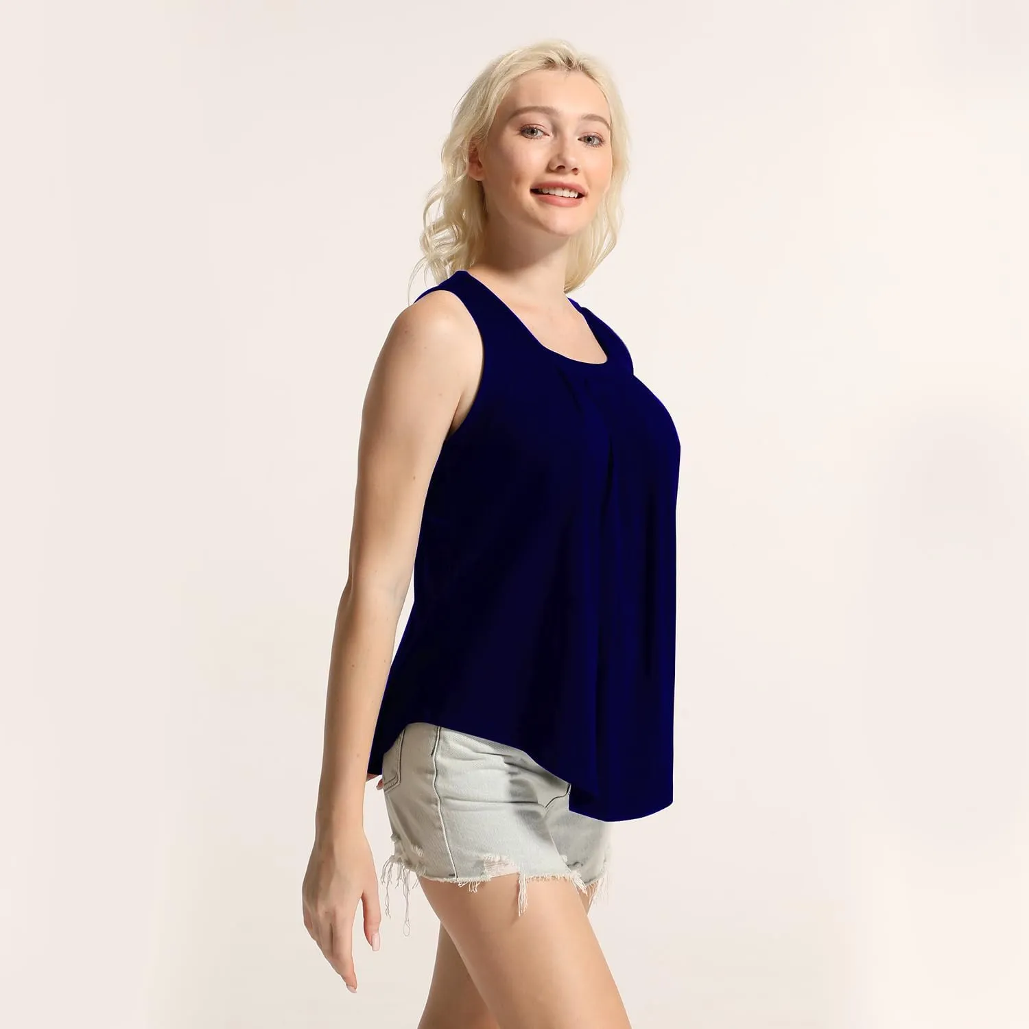 MAIHUN Womens Pleated Square Neck Tank Tops Summer Loose Fit Sleeveless Solid Color Vest