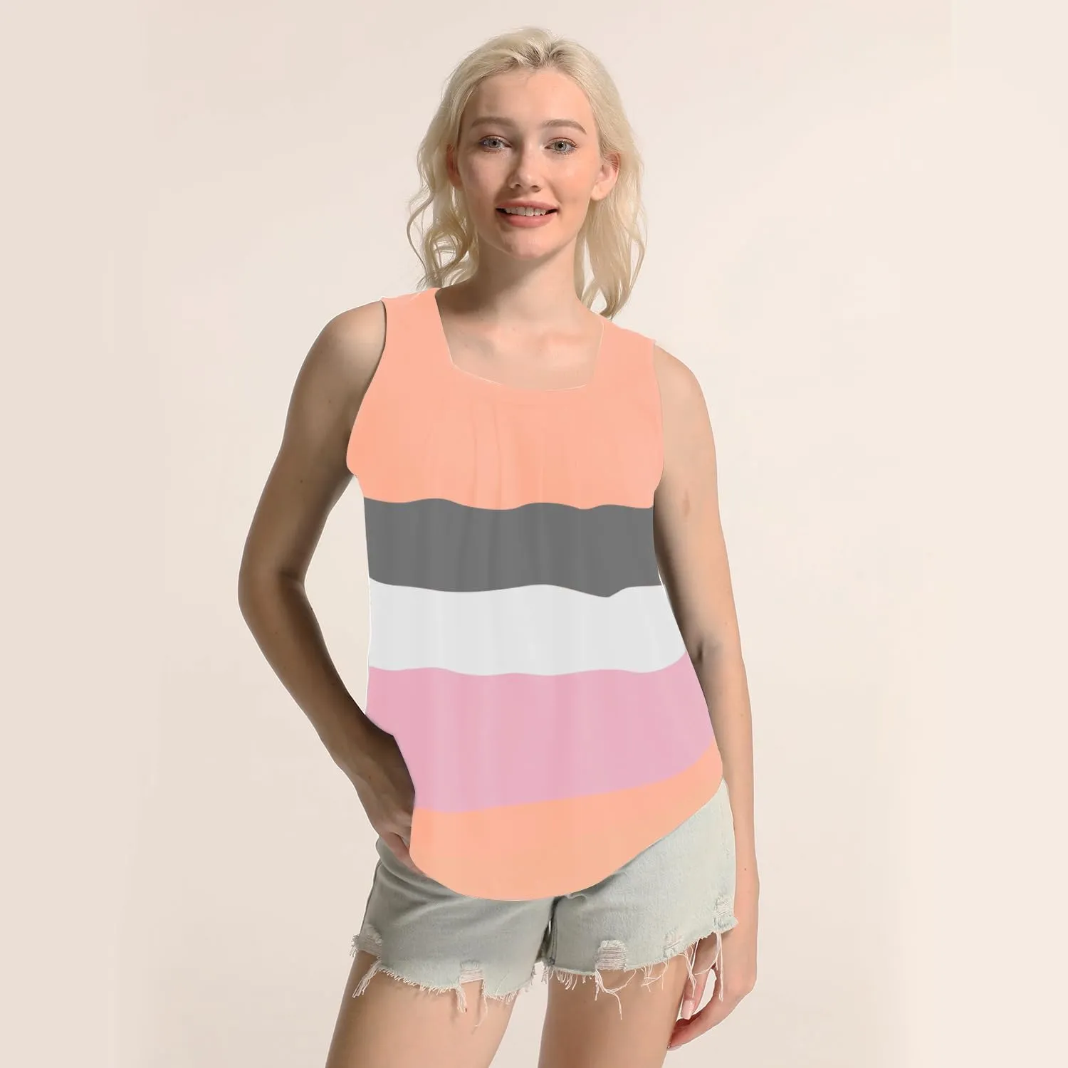 MAIHUN Womens Pleated Square Neck Tank Tops Summer Loose Fit Sleeveless Solid Color Vest