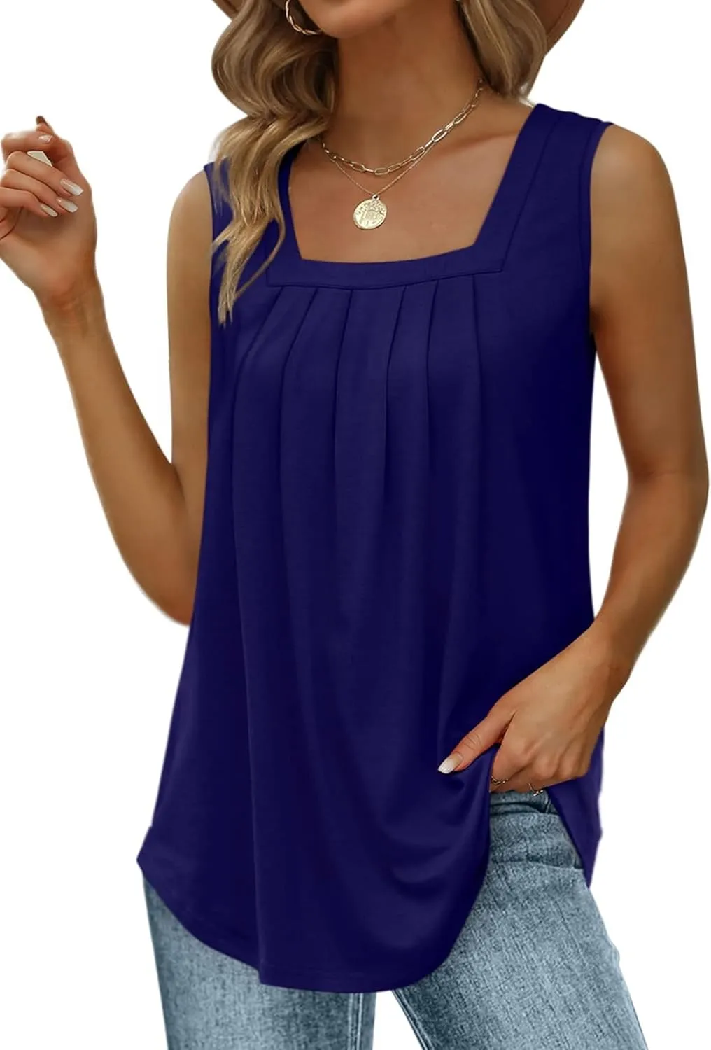 MAIHUN Womens Pleated Square Neck Tank Tops Summer Loose Fit Sleeveless Solid Color Vest