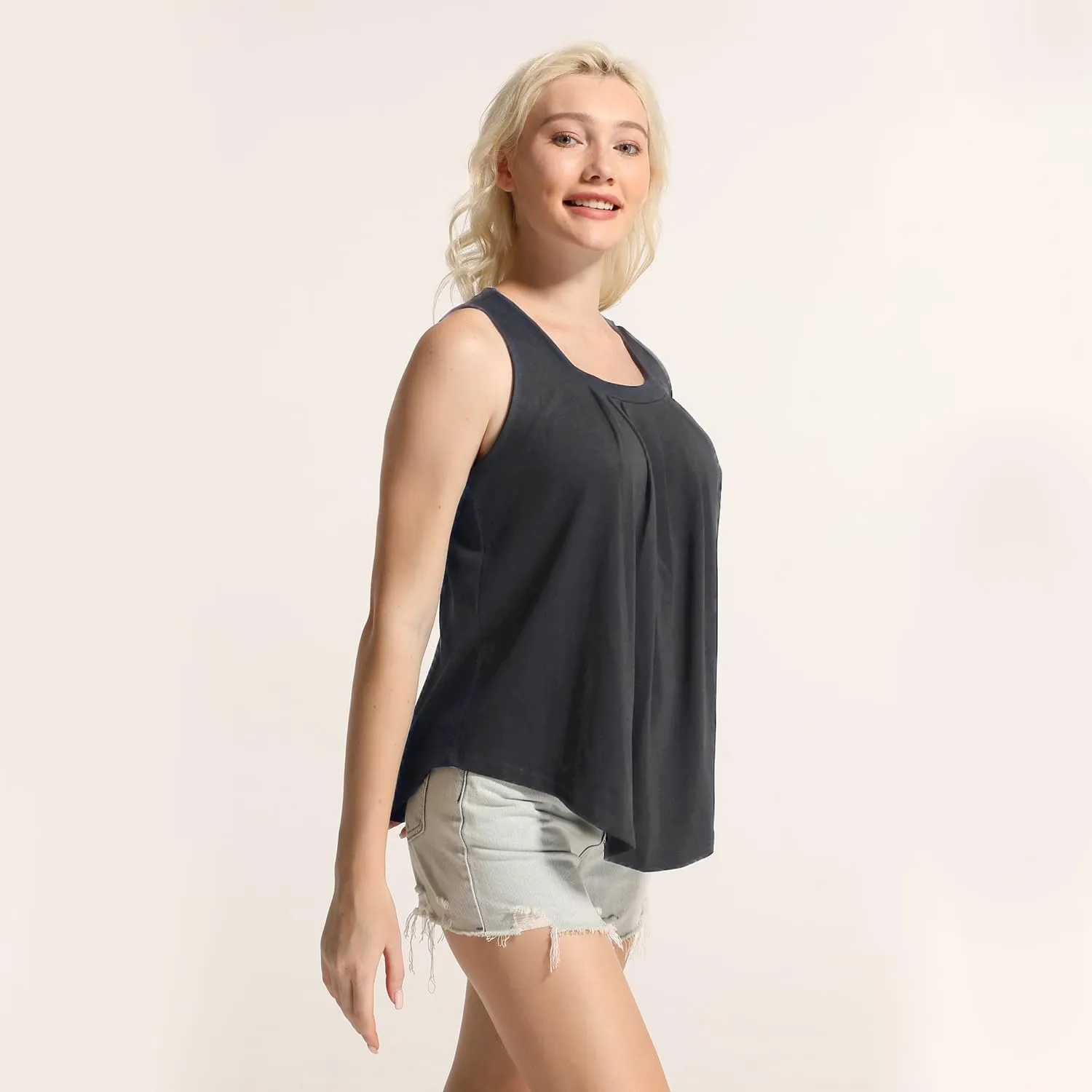 MAIHUN Womens Pleated Square Neck Tank Tops Summer Loose Fit Sleeveless Solid Color Vest