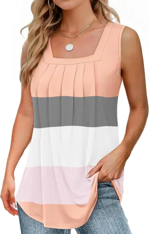 MAIHUN Womens Pleated Square Neck Tank Tops Summer Loose Fit Sleeveless Solid Color Vest