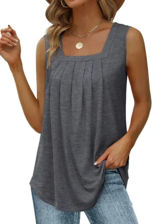 MAIHUN Womens Pleated Square Neck Tank Tops Summer Loose Fit Sleeveless Solid Color Vest