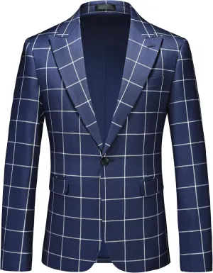 Mens Blazer Plaid Sport Coats One Button Casual Slim Fit Checked Jacket