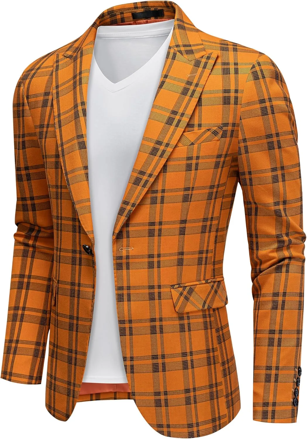 Mens Blazer Plaid Sport Coats One Button Casual Slim Fit Checked Jacket