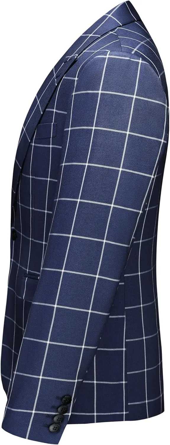 Mens Blazer Plaid Sport Coats One Button Casual Slim Fit Checked Jacket